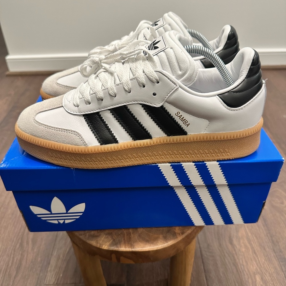 Adidas Unisex Samba XLG White Black Stripes Sneakers, Size W 10.5 | M 9.5